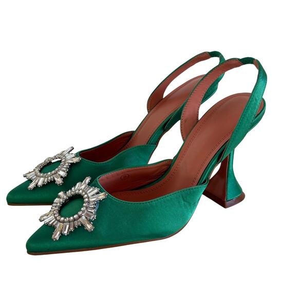 Amazon Satin Slingback Heels 9 Jeweled Embellished Emerald Green Sandals Pumps - Picture 1 of 8